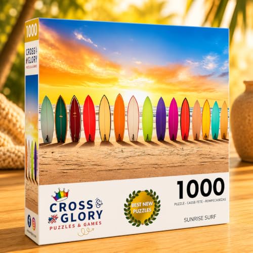 Cross & Glory | 1000 Piece Jigsaw Puzzles for Adults | Sunrise Surf | Vibrant Beach Scene Artwork | 2mm Thick Pieces | Bonus Reference Poster | Satin Finish | Ages 14+ - color: Sunrise Surf