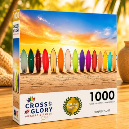 Cross & Glory | 1000 Piece Jigsaw Puzzles for Adults | Sunrise Surf | Vibrant Beach Scene Artwork | 2mm Thick Pieces | Bonus Reference Poster | Satin Finish | Ages 14+ - color: Sunrise Surf