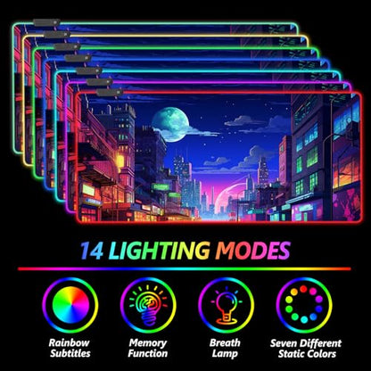 AIMSA RGB Gaming Mouse Pad, Large Mousepad with 14 Led Light Modes, Keyboard Pad Gaming Accessories for Desk, Non-Slip Rubber Base Mouse Mat for Gamer, Modern Urban Night Scene - color: Modern Urban Night Scene