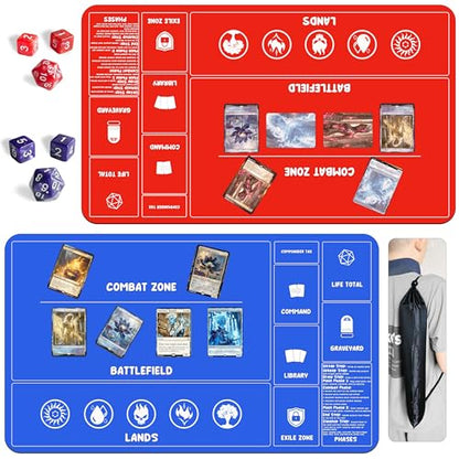 Card Game MTG Playmat for Beginner 2 Pack with Dices, Magic Mat Commander Deck Playmat for TCG MTG Accessories Play Mat 24x14 Inches Duel Card Battles, Red/Blue - color: Blue+red