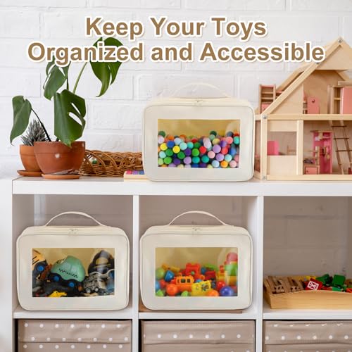 Abbylike 8 Pack Toys Storage Bags with Handle and Clear PVC Window, Classic Bricks Building Set Organization Bags, Car Toy Traveling Carrying Case for Puzzles Board Games Building Blocks(Beige) - color: Beige