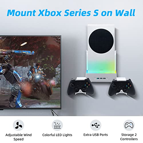 Mcbazel Wall Mount for Xbox Series S, Wall Mount Kit Accessories with Dual Cooling Fans & RGB Light, 3-Speed Adjustable Stand, Extra USB Ports, 2 Controller Holder for Xbox Series S Console - White