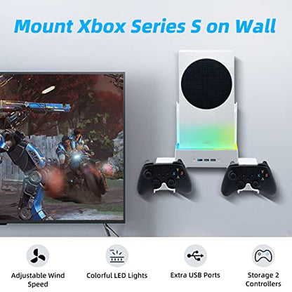 Mcbazel Wall Mount for Xbox Series S, Wall Mount Kit Accessories with Dual Cooling Fans & RGB Light, 3-Speed Adjustable Stand, Extra USB Ports, 2 Controller Holder for Xbox Series S Console - White