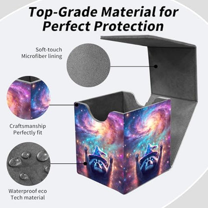 BVDIKMI Card Deck Box for Trading Cards, Card Storage Box Fits 100+ Single Sleeved Cards, PU Leather Strong Magnet Card Deck Case Holder for Magic Commander TCG CCG, Magical Raccoon - color: Magical Raccoon