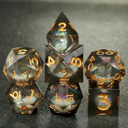 Polyhedral Dice Set 7-Piece, Sharp Edge Black and White Resin Iridecent Mylar Galaxy Dice for Dungeons Dragons D and D RPGs, MTG, Pathfinder and Board Games - color: Resin Black