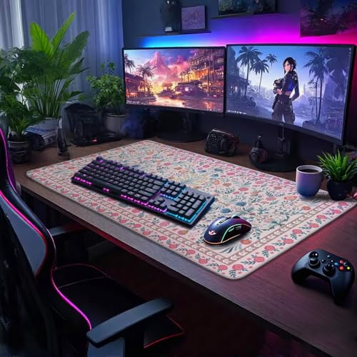 Pink Floral Large Gaming Mouse Pad Desk Mat 31.5"x15.7" | Extended Mousepad, Non-Slip Rubber Base , Stitched Edges, for Computer/Laptop/Office/Home - color: Pink Floral