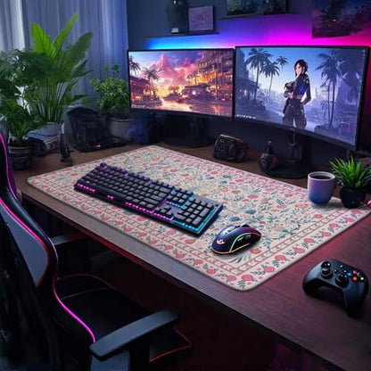 Pink Floral Large Gaming Mouse Pad Desk Mat 31.5"x15.7" | Extended Mousepad, Non-Slip Rubber Base , Stitched Edges, for Computer/Laptop/Office/Home - color: Pink Floral