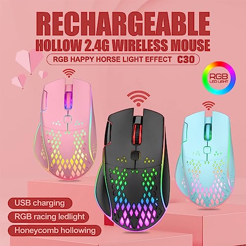 VEGCOO Wireless Gaming Mouse, C30 Silent Click Wireless Rechargeable Gaming Mouse with Double-Click Key and Colorful LED Lights, 3 Level Adjustable DPI, 400mah Lithium Battery for Gaming and Working - color: Black