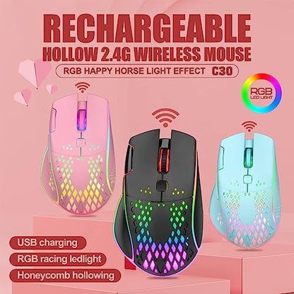 VEGCOO Wireless Gaming Mouse, C30 Silent Click Wireless Rechargeable Gaming Mouse with Double-Click Key and Colorful LED Lights, 3 Level Adjustable DPI for Gaming and Working (Pink) - color: Pink