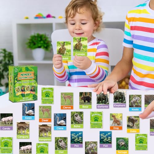 gisgfim 100 PCS Memory Matching Games Spanish English Bilingual Animal Memory Matching Games Educational Game for Kids and Adults A Fun & Fast Animal Game Toddlers Preschool Family Board Gift - style: Spanish English Bilingual Animal
