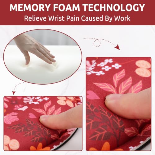 KONVINIT Ergonomic Mouse Pad with Wrist Rest, Small Mousepad with Non-Slip Rubber Base and Smooth Surface, Red Mouse Pads for Desk, Office Desk Accessories - color: Red Flowers