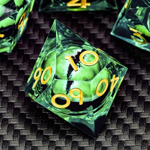 ARUOHHA DND Resin Dice Dragon Eye Dice Liquid Core Green Sharp Edged Dice Set with Gift Box, Dungeons Polyhedral D and D Dice Set Compatible with D&D Role Playing Game D20 D12 D10 D8 D6 - color: Ly02-green