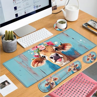 Large Gaming Mouse Pad+ Keyboard Wrist Rest Set, Ergonomics Memory Foam Mouse Mat Wrist Rest Support for Home Office, Waterproof Extended Mousepad 31.5x11.8in, Cute Cow Desk Pad - color: Yvb-mousepad-9-f-157