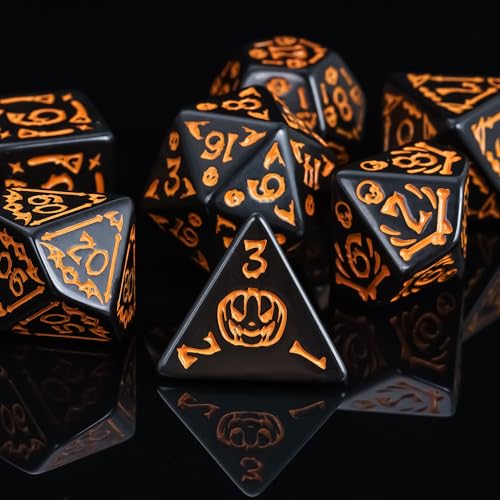 7-Die DND Dice Set Scary Pattern Polyhedral Dice Set with Leather Bag, Skull Dice D&D Dice Set for RPG Table Games. (Scary Pattern-Black) - color: Halloween Pattern-black