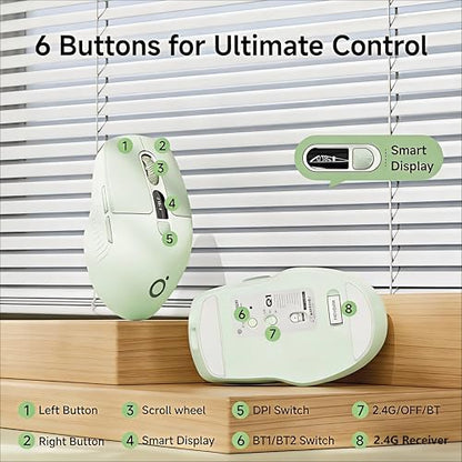 Wireless Bluetooth Mouse with Visible Battery & DPI Screen, Multi-Device BT & 2.4G Computer Mouse, 500 mAh Rechargeable, 1600DPI, Silent Portable Optical Mice for Laptop, PC, Mac, iPad - Green - color: Green