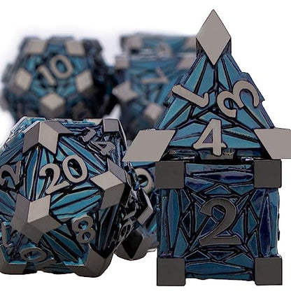 7PCS Metal DND Dice Set with Box, Debris RPG Black Blue D and D Dice for use with D&D Tabletop Games Role Playing Game Polyhedral Dice Set D20 D12 D10 D8 D6 D4 - color: Black Blue