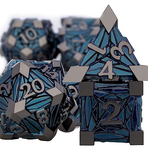 7PCS Metal DND Dice Set with Box, Debris RPG Black Blue D and D Dice for use with D&D Tabletop Games Role Playing Game Polyhedral Dice Set D20 D12 D10 D8 D6 D4 - color: Black Blue