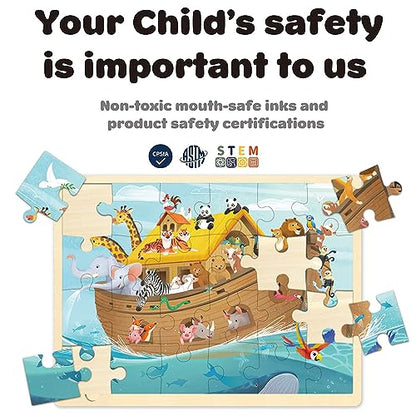 24 Piece Puzzles for Kids 3 Year Old, Noah's Ark | Religious Bible Puzzle, Wooden Jigsaw Puzzles, Ages 3-5, Preschool Puzzle for 3 4 5 Year Old, With Tray - style: 24 Piece