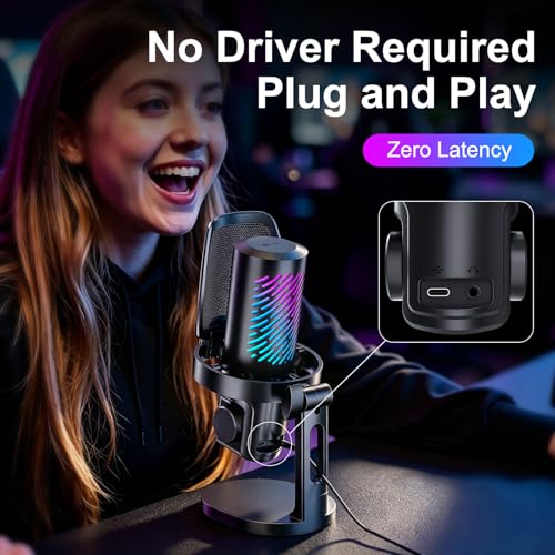 RGB USB Gaming Microphone for PC, Streaming & Podcast, Cardioid Condenser Mic with Noise Reduction, Touch Mute, Headphone Monitoring, Gain Control, Plug & Play for Mac Phone