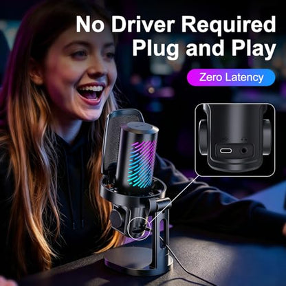RGB USB Gaming Microphone for PC, Streaming & Podcast, Cardioid Condenser Mic with Noise Reduction, Touch Mute, Headphone Monitoring, Gain Control, Plug & Play for Mac Phone