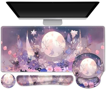Large Desk Mat, Gaming Mouse Pad Desk Pad, Mousepad + Keyboard Wrist Rest | +Mouse Wrist Rest+Coaster Set with Ergonomic XXL Desk Pad Protector for Home Office PC Computer, Pastel Purple Flower Moon - color: Pastel Purple Flower Moon