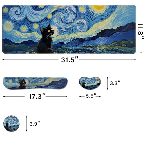Desk Pad and Keyboard Wrist Rest, Large Mouse Pad + Keyboard Pad+Mouse Wrist Support, Non-Slip Desk Mat Protector for Office, Home 31.5×11.8 Inches Starry Night Cat - color: Starry Night Cat