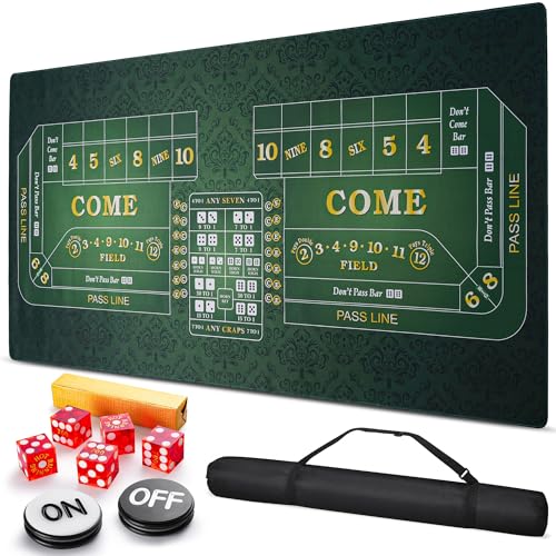 70" x 35" Craps Tabletop Mat Set with 5 Grade AAA 19mm Casino Dice & On/Off Button Crap Game Layout for Home Entertainment Non-Slip Water-Resistant Portable Crap Mat with Zippered Bag (70 X 35 IN)
