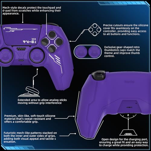 PlayVital Mecha Edition Silicone Cover Compatible with ps5 Controller with 2 Joystick Caps and 6 Stickers, Shockproof Non-Slip Grip Protector Accessories, Fits for ps5 Charging Station - Purple - color: Purple