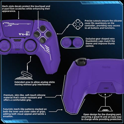 PlayVital Mecha Edition Silicone Cover Compatible with ps5 Controller with 2 Joystick Caps and 6 Stickers, Shockproof Non-Slip Grip Protector Accessories, Fits for ps5 Charging Station - Purple - color: Purple