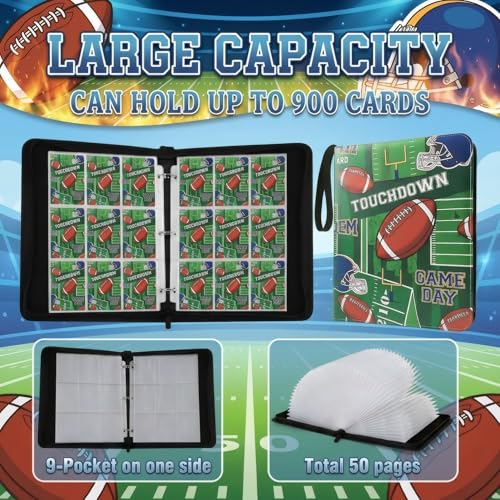 Trading Card Binder 9 Pocket, TouchDown Football Card Binder Holds 900 Cards with 50 Removable Sleeves, Waterproof PU Leather with Zipper Card Collector Album Book Compatible with TCG Cards - color: TouchDown Football