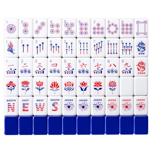 American Mahjong Set, 160 Pcs 4-Layer Colorful Acrylic USA Patriotic Tiles, Complete Kit with 100 Chips, 3 Gold Dice & Vintage Leather Case for Indoor Outdoor Game Gift, Blue - style: American Classic Blue