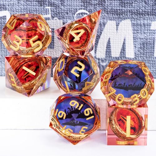Magic Golden Ring DND Dice Set Sharp Edge Red Gaze Eye Resin Dice with Box, for use with RPG D&D Tabletop Games Lord D and D Polyhedral Dice Set - color: Ring -Eye-red