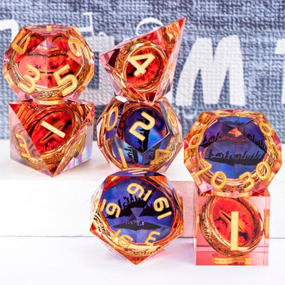 Magic Golden Ring DND Dice Set Sharp Edge Red Gaze Eye Resin Dice with Box, for use with RPG D&D Tabletop Games Lord D and D Polyhedral Dice Set - color: Ring -Eye-red