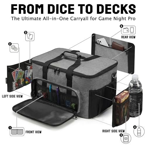 Board Game Bag with Multi-Pockets – Convertible Tote & Shoulder Carry, Includes 5 Elastic Box Bands, 20.5 x 12.6 x 12.6 Inches, for Game Night, Travel & Storage for Gamers (Grey) - color: Grey