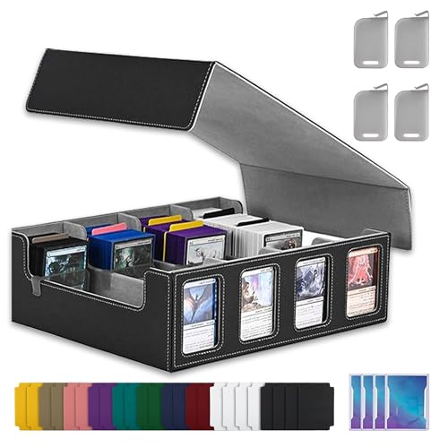 4-Row Trading Card Storage Box – Holds 3000+ Cards – Commander Display Slot, Magnetic Removable Lid, PU Leather Deck Box – Compatible with MTG Commander, TCG,(T2400Black&Gray) - color: T2400Black&Gray