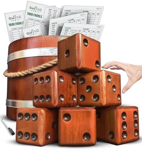 Swooc Games - Yardzee, Farkle & 20+ Giant Dice Games (All Weather) Yard Dice with Wooden Bucket, 5 Scorecards & Marker - Jumbo Dice Yard Game - Extra Large Yard Game for Adults - Jumbo Lawn Fun - size: 3.5" Dice