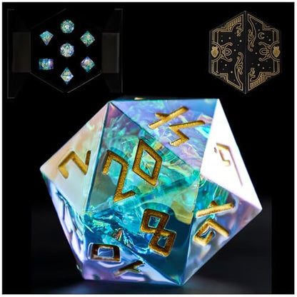 Iridescent DND Dice Set with Glowing LED Display Box – Sharp Edge Polyhedral Dice with Mesmerizing Finish | Bonus Stickers Included | Dungeons and Dragons (TTRPG) Dice Set - color: (Non-liquid Core) Iridescent - Frostwake