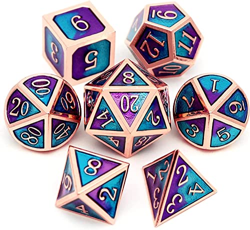 Haxtec Metal DND Dice Set, 7 Pcs Blue-Violet Polyhedral Dice for RPG | Copper DND Dice with Leather Bag, Compatible with Dungeons and Dragons, Heavy Metallic, Mermaid, D&D Gifts for Table Games - color: Copper Blue Purple