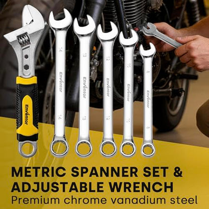 Enventor Tool Set with 1/4 in and 3/8 in Metric Sockets, 231 Pieces | 8-15 MM Wrenches, Quick-release Ratchet for Home Repairs, DIY projects, and Auto Maintenance