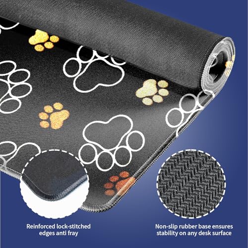 Gold White Pet Paw Large Mouse Pad, Cute Dog Cat Footprint Black Desk Mat | 31.5" x 11.8", Seamless Pattern for Pets Lover, XXL Gaming/Office Stitched Keyboard Mat, Smooth Surface Anti-Slip Base - color: Design WKLXD043