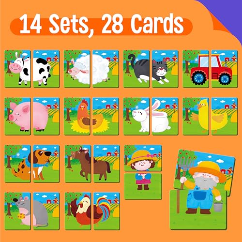 SpriteGru Farm Animal Memory Game, 28 Chunky Cards Farm Animal Head Tail Matching Activity 1-5 Players Memory Matching Game for Toddlers, Preschoolers - style: Farm Animal
