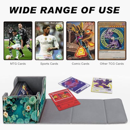 Card Game Storage Box TCG Deck Box MTG Card Box Organizer Trading Card Case Commander Deck Box TCG Card Storage Box Magnetic Closure Creative Pattern Up to 200 Cards, Green Pond Lotus Leaves - color: Green Pond Lotus Leaves