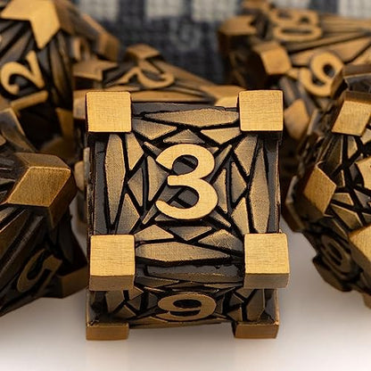 7PCS Metal DND Dice Set with Box, Debris RPG Red D and D Dice for use with D&D Tabletop Games Role Playing Game Polyhedral Dice Set D20 D12 D10 D8 D6 D4 - color: Ancient Gold