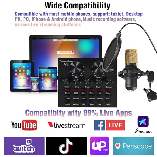 MorTime Condenser Microphone Bundle, Live Sound Card, Adjustable Boom Arm, Shock Mount, Metal Mic Pop Filter, Sponge Pop Filter Cover, Earphone, Audio Cables and Power Cable, Set of 11 Mic Kit
