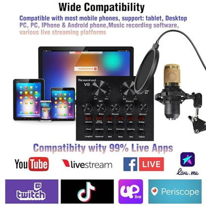 MorTime Condenser Microphone Bundle, Live Sound Card, Adjustable Boom Arm, Shock Mount, Metal Mic Pop Filter, Sponge Pop Filter Cover, Earphone, Audio Cables and Power Cable, Set of 11 Mic Kit