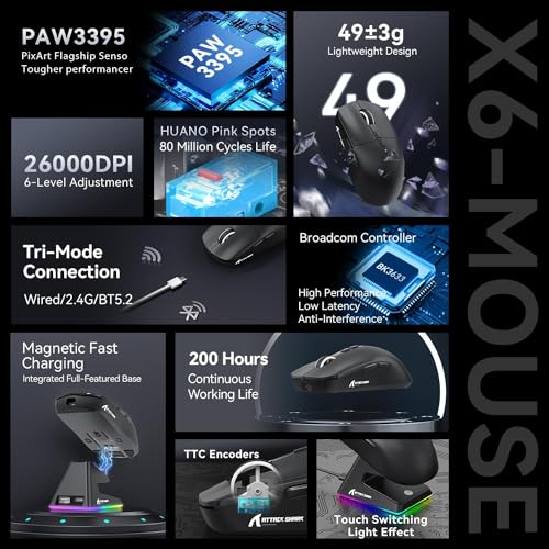 MAMBASNAKE Attack Shark X6 Wireless Gaming Mouse,RGB Magnetic Charging Dock,49g Ultralight X3 Upgrade,Tri-Mode 2.4GHz/BT5.2/USB-C,PAW3395 Sensor 26KDPI,G502 Programmable Mice for Win/Mac - Black - color: Black