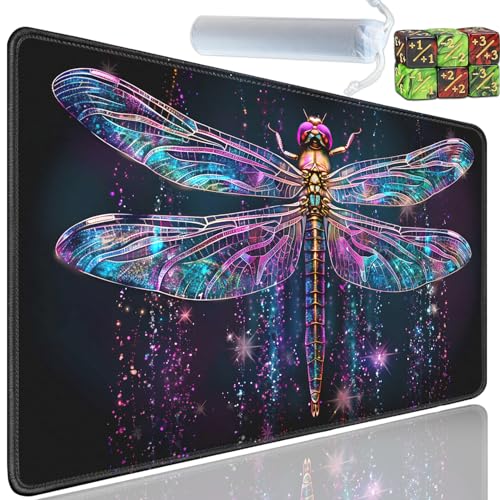 Playmat for MTG, 24x14 Inches Playmats, for TCG and CCG Trading Card Game Mat, Non-Slip Rubber for MTG Playmats with A Storage Bag and 6 Dice Set, Colorful Dragonflies Pattern Black - color: Yu-Playmat-1-A1