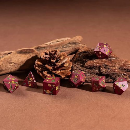 UDIXI Red Metal Dice Set D&D, 7PCS Flower Solid Metal DND Dice Set for RPG | Yellow Flower, Metal Case Packaging, Heavy Metal Dice, D&D Gift, for Dungeons and Dragons Role Playing Games Tabletop Games - color: Flower/Redgreen