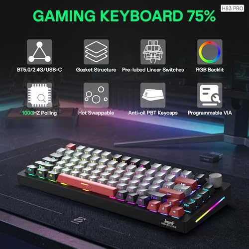H83 PRO Wireless Mechanical Gaming Keyboard 75% Layout, Gaming Equipment Gasket Mounted - Hot Swappable Cardamom Switches, PBT Keycaps, RGB Backlit, USB-C/2.4G/BT5.0 for Win/Mac/Linux - color: H83 Pro Crimson Frost