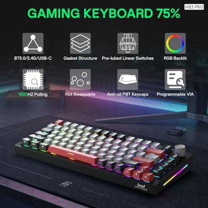 H83 PRO Wireless Mechanical Gaming Keyboard 75% Layout, Gaming Equipment Gasket Mounted - Hot Swappable Cardamom Switches, PBT Keycaps, RGB Backlit, USB-C/2.4G/BT5.0 for Win/Mac/Linux - color: H83 Pro Crimson Frost